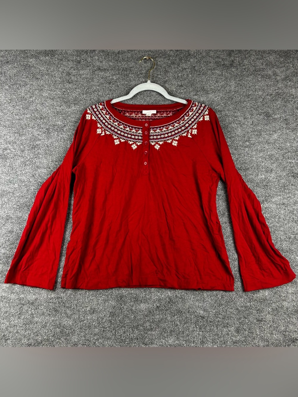 J. Jill Embroidered Bell Sleeve Henley Cottagecore Boho Top M Petite